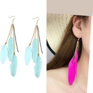 Aqua Tassel Feather Drop Dangle Hook Long Earrings